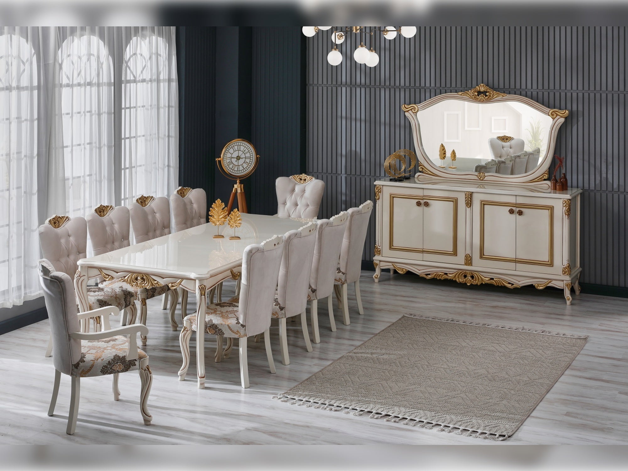 Buse Diningroom (Consol With Mirror & Dining Table & 2 Arm Chair & 4 Chair) Cream