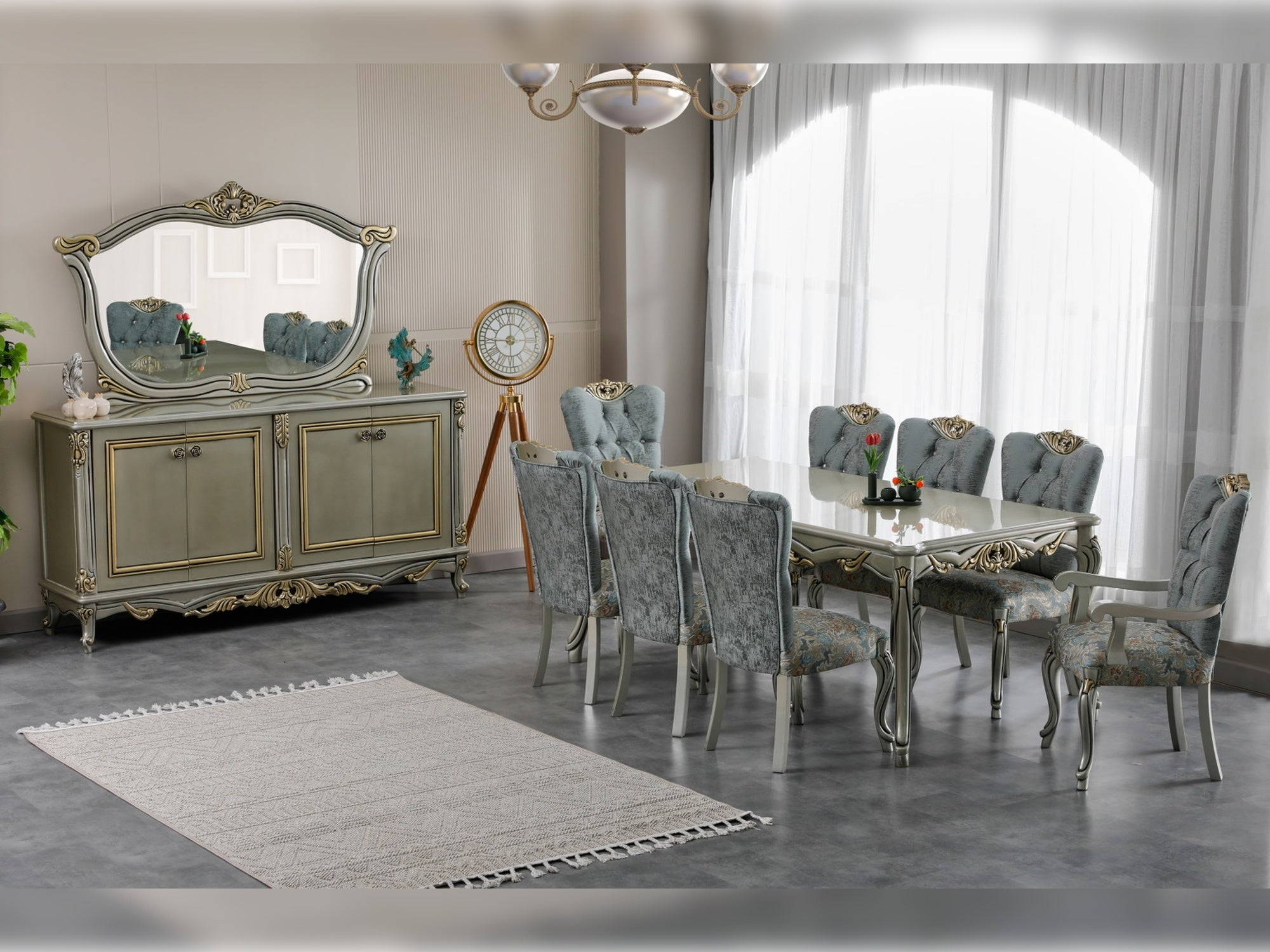 Buse Diningroom (Consol With Mirror & Dining Table & 2 Arm Chair & 4 Chair) Light Green