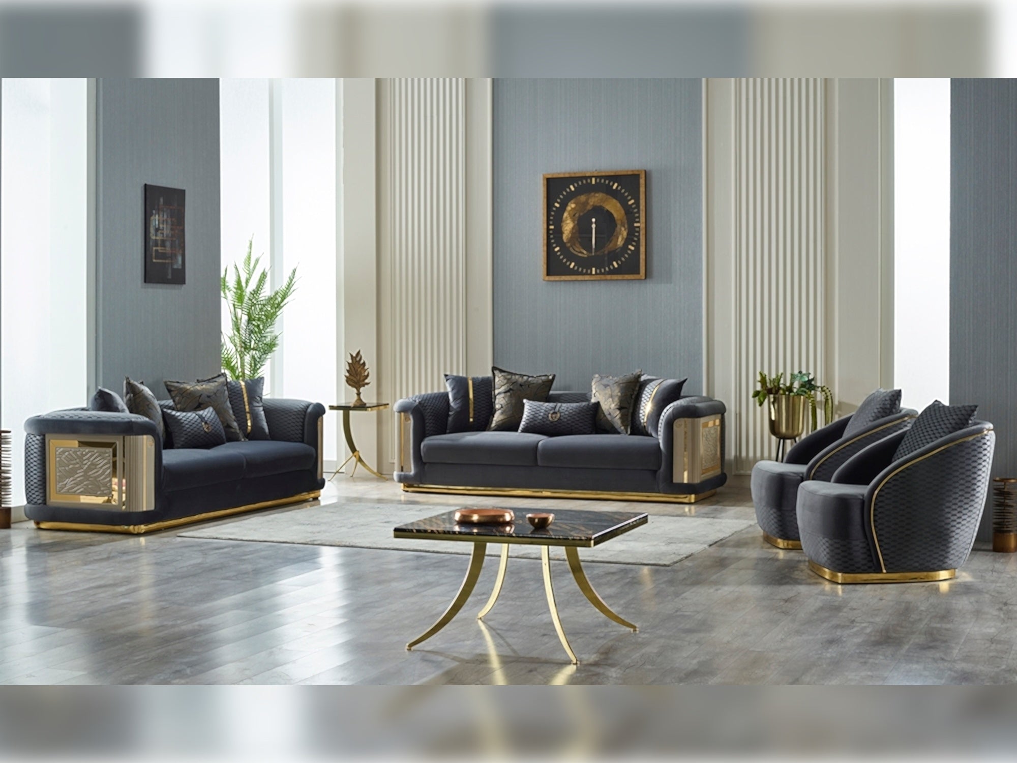 Elegance Stationary Livingroom (2 Sofa & 2 Chair) Dark Grey