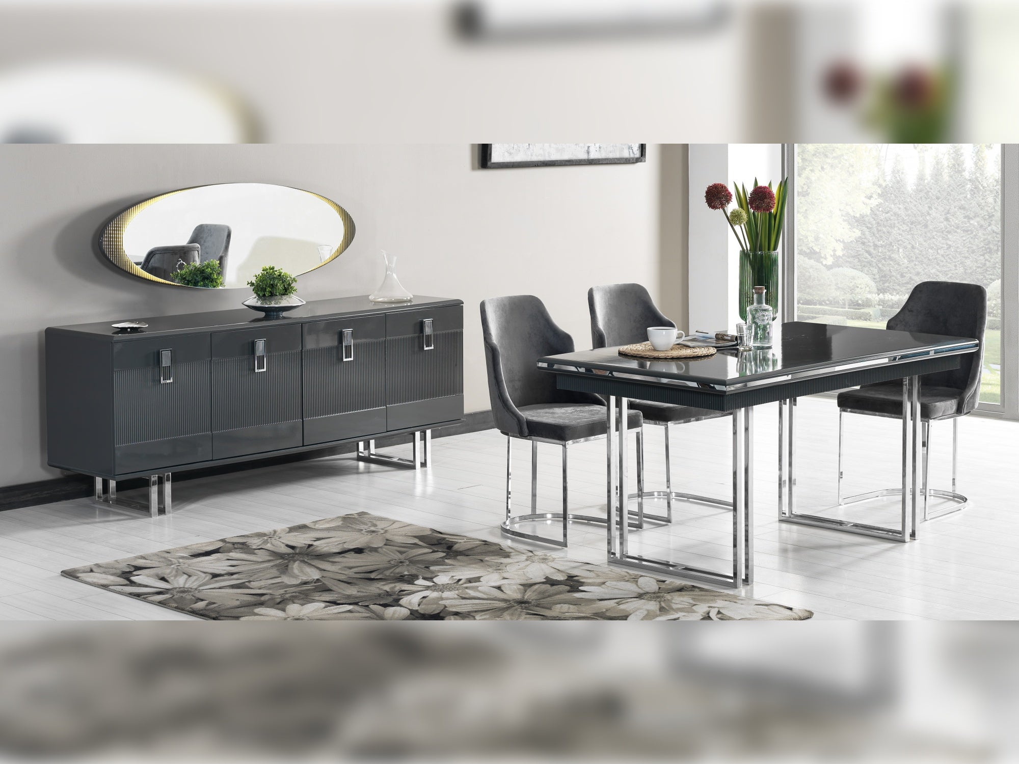 Elips Diningroom (Consol With Mirror & Dining Table & 6 Dining Chair) Anthracite