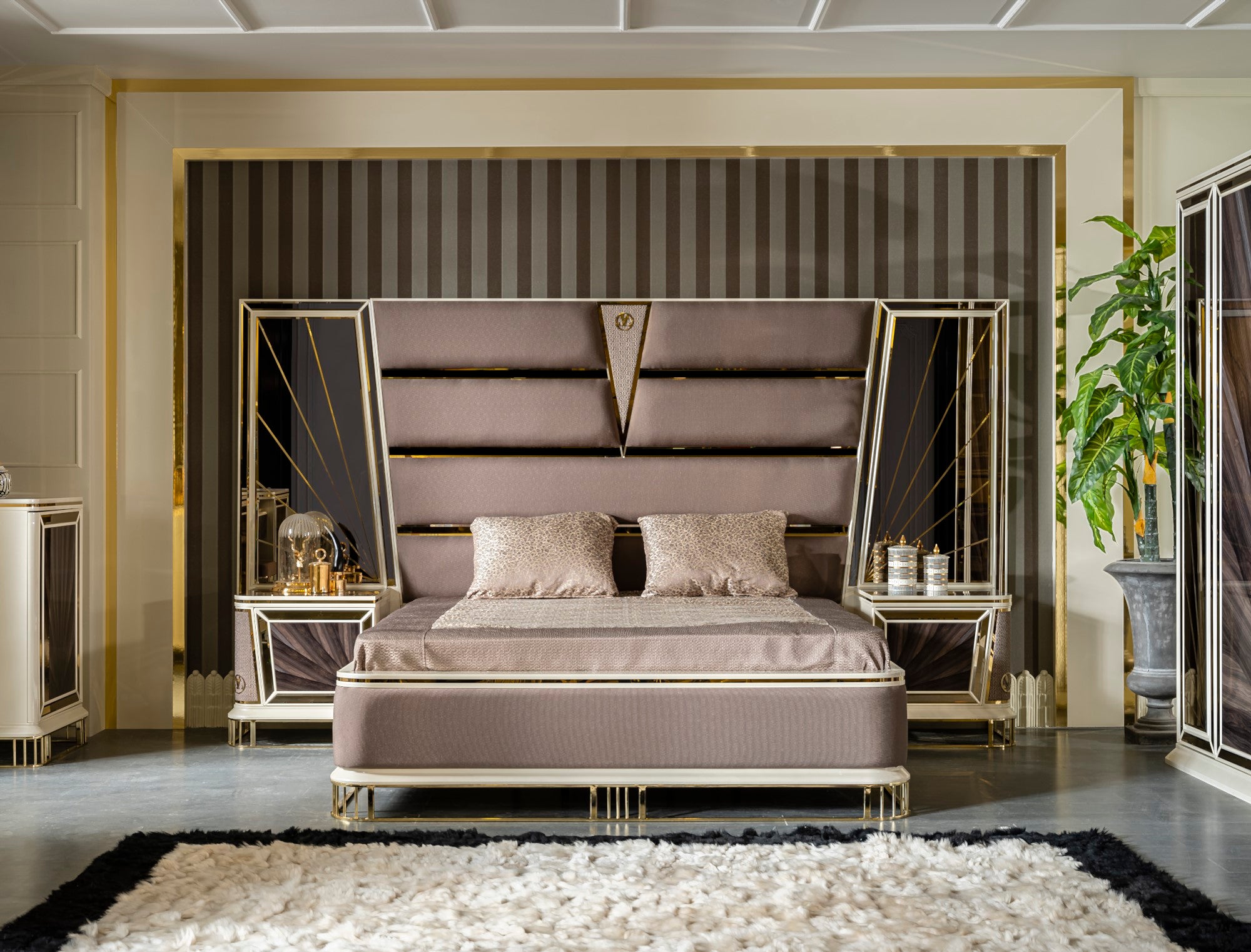 Bugatti Bedroom (Queen Storage Bed With Headboard & Dresser With Mirror & Pouf & 2 Nightstand With Back Panel)